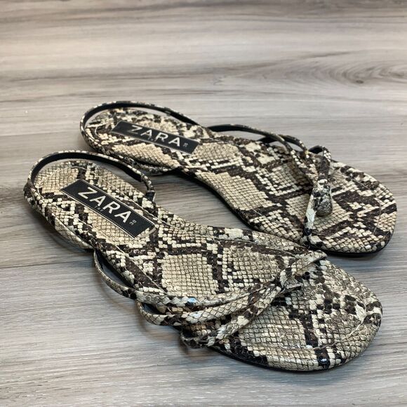 Zara Women's 7.5 Brown Snakeskin Flip Flops Thong Casual Slip On Strappy Sandals - Picture 1 of 10